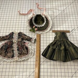 Victorian inspired doll's outfit, dark green taffeta dress, matching bonnet/coat